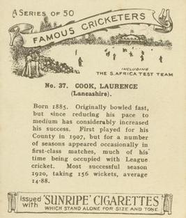 1925 R & J Hill Sunrise Famous Cricketers Including the S.Africa Test Team (Large) #37 Laurence Cook Back