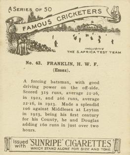 1925 R & J Hill Sunrise Famous Cricketers Including the S.Africa Test Team (Large) #43 Henry Franklin Back