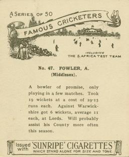 1925 R & J Hill Sunrise Famous Cricketers Including the S.Africa Test Team (Large) #47 Robert Fowler Back