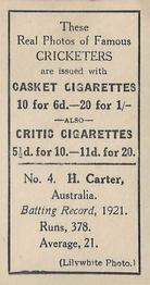 1922 J.A. Pattreiouex Cricketers #C4 Hanson Carter Back