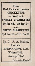 1922 J.A. Pattreiouex Cricketers #C7 Arthur Mailey Back