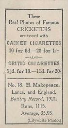 1922 J.A. Pattreiouex Cricketers #C18 Harry Makepeace Back