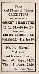 1922 J.A. Pattreiouex Cricketers #C34 Harry Murrell Back
