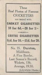 1922 J.A. Pattreiouex Cricketers #C35 Frederick Durston Back