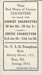 1922 J.A. Pattreiouex Cricketers #C57 Lionel Troughton Back
