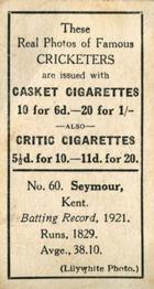 1922 J.A. Pattreiouex Cricketers #C60 James Seymour Back
