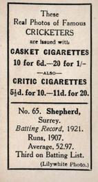 1922 J.A. Pattreiouex Cricketers #C65 Tom Shepherd Back
