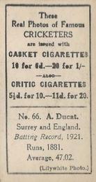 1922 J.A. Pattreiouex Cricketers #C66 Andrew Ducat Back