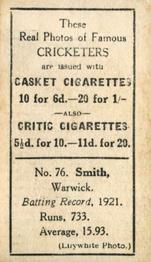 1922 J.A. Pattreiouex Cricketers #C76 William Smith Back
