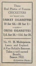 1922 J.A. Pattreiouex Cricketers #C93 Harold Makepeace Back