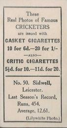 1922 J.A. Pattreiouex Cricketers #C50 Tom Sidwell Back