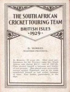 1929 United Services Tobacco South African Cricket Touring Team #NNO Denys Morkel Back