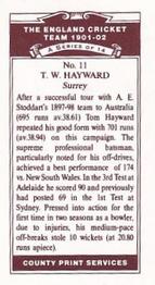 1991 County Print Services England Cricket Team 1901-02 #11 Tom Hayward Back