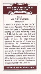 1991 County Print Services England Cricket Team 1903-04 #1 Pelham Warner Back