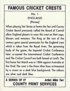 1992 County Print Services Famous Cricket Crests #1 England Back