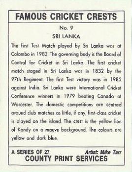 1992 County Print Services Famous Cricket Crests #9 Sri Lanka Back