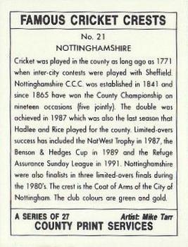 1992 County Print Services Famous Cricket Crests #21 Nottinghamshire Back