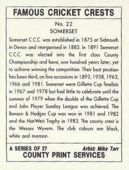 1992 County Print Services Famous Cricket Crests #22 Somerset Back