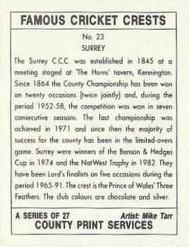 1992 County Print Services Famous Cricket Crests #23 Surrey Back