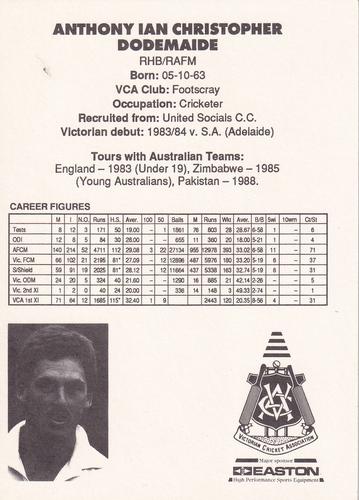 1991-92 Easton Sports Victorian Cricketers Series 1 #NNO Tony Dodemaide Back
