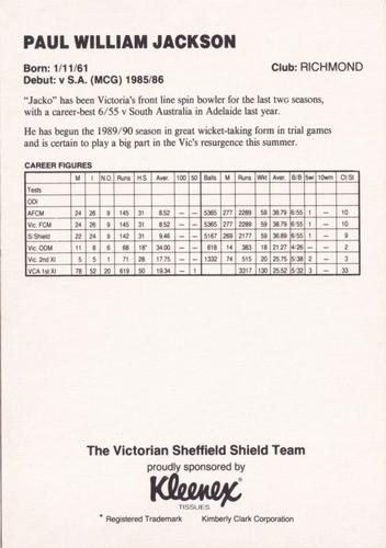 1989-90 Kleenex Tissues Victorian Sheffield Shield Team #NNO Paul Jackson Back