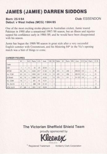 1989-90 Kleenex Tissues Victorian Sheffield Shield Team #NNO Jamie Siddons Back