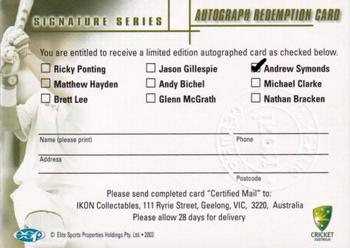 2003-04 Elite Sports Cricket Australia - Signature Series Redemption #NNO Andrew Symonds Back