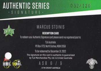 2021-22 TLA Traders Cricket Australia - Authentic Series Signature Redemptions #ASB 6 Marcus Stoinis Back