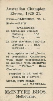 1920-21 McIntyre Bros. Australian Champion Eleven #NNO Bert Oldfield Back