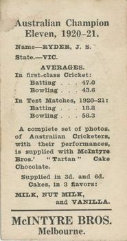 1920-21 McIntyre Bros. Australian Champion Eleven #NNO Jack Ryder Back