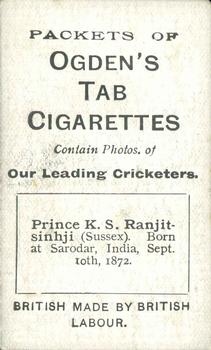 1901 Ogden's Our Leading Cricketers #NNO K.S. Ranjitsinhji Back