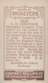 1923-25 Godfrey Phillips Cricketers #97 Lionel Tennyson Back