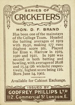 1923-25 Godfrey Phillips Cricketers #222 David Brand Back