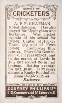 1923-25 Godfrey Phillips Cricketers #219 Percy Chapman Back