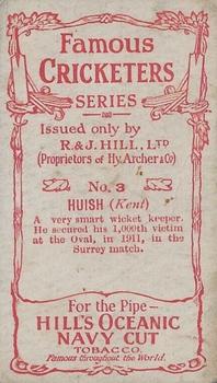 1912 R & J Hill Cigarettes Famous Cricketers (Blue Front) #3 Francis Huish Back