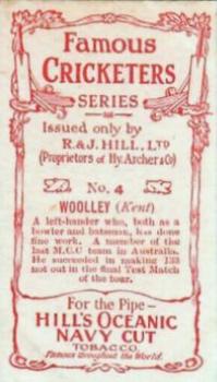 1912 R & J Hill Cigarettes Famous Cricketers (Blue Front) #4 Frank Woolley Back