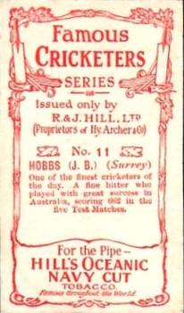 1912 R & J Hill Cigarettes Famous Cricketers (Blue Front) #11 Jack Hobbs Back