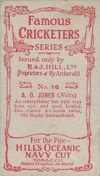 1912 R & J Hill Cigarettes Famous Cricketers (Blue Front) #16 Arthur Jones Back