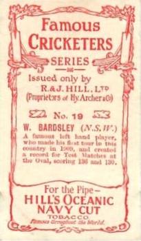 1912 R & J Hill Cigarettes Famous Cricketers (Blue Front) #19 Warren Bardsley Back