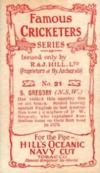 1912 R & J Hill Cigarettes Famous Cricketers (Blue Front) #21 Sydney Gregory Back