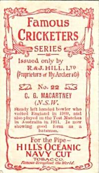 1912 R & J Hill Cigarettes Famous Cricketers (Blue Front) #22 Charlie Macartney Back