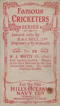 1912 R & J Hill Cigarettes Famous Cricketers (Blue Front) #23 Bill Whitty Back