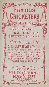 1912 R & J Hill Cigarettes Famous Cricketers (Blue Front) #26 Charlie Llewellyn Back