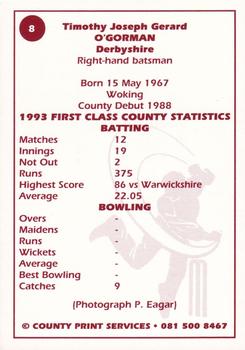1993 County Print Services County Cricketers Autograph Series #8 Tim O'Gorman Back