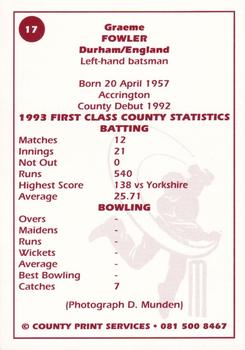 1993 County Print Services County Cricketers Autograph Series #17 Graeme Fowler Back