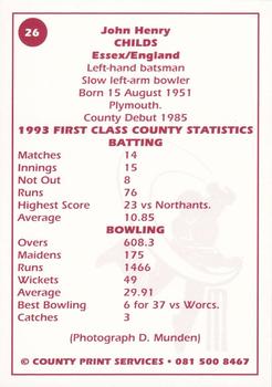 1993 County Print Services County Cricketers Autograph Series #26 John Childs Back