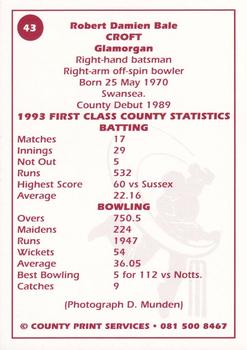 1993 County Print Services County Cricketers Autograph Series #43 Robert Croft Back