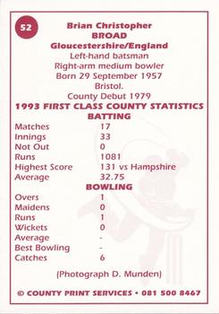 1993 County Print Services County Cricketers Autograph Series #52 Chris Broad Back