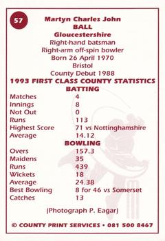 1993 County Print Services County Cricketers Autograph Series #57 Martyn Ball Back