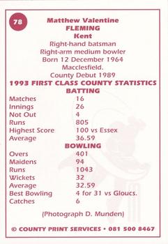 1993 County Print Services County Cricketers Autograph Series #78 Matthew Fleming Back